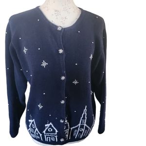 PBJ Sport House beaded Santa sleigh houses  Christmas Cardigan Sweater Large